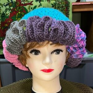 Multicolor handmade crocheted ruffle Beret/hat. Would fit well on adult.